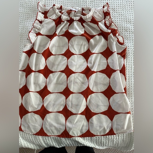 Ces Femme Tops - Bold Burnt Orange and White Patterned Blouse w/ Ruffled Sleeves